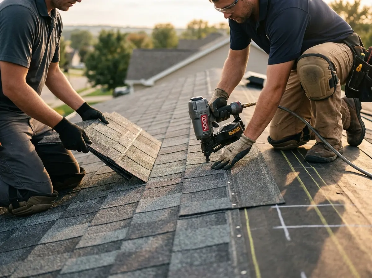 Professional roofer working on a residential roof in Montpelier